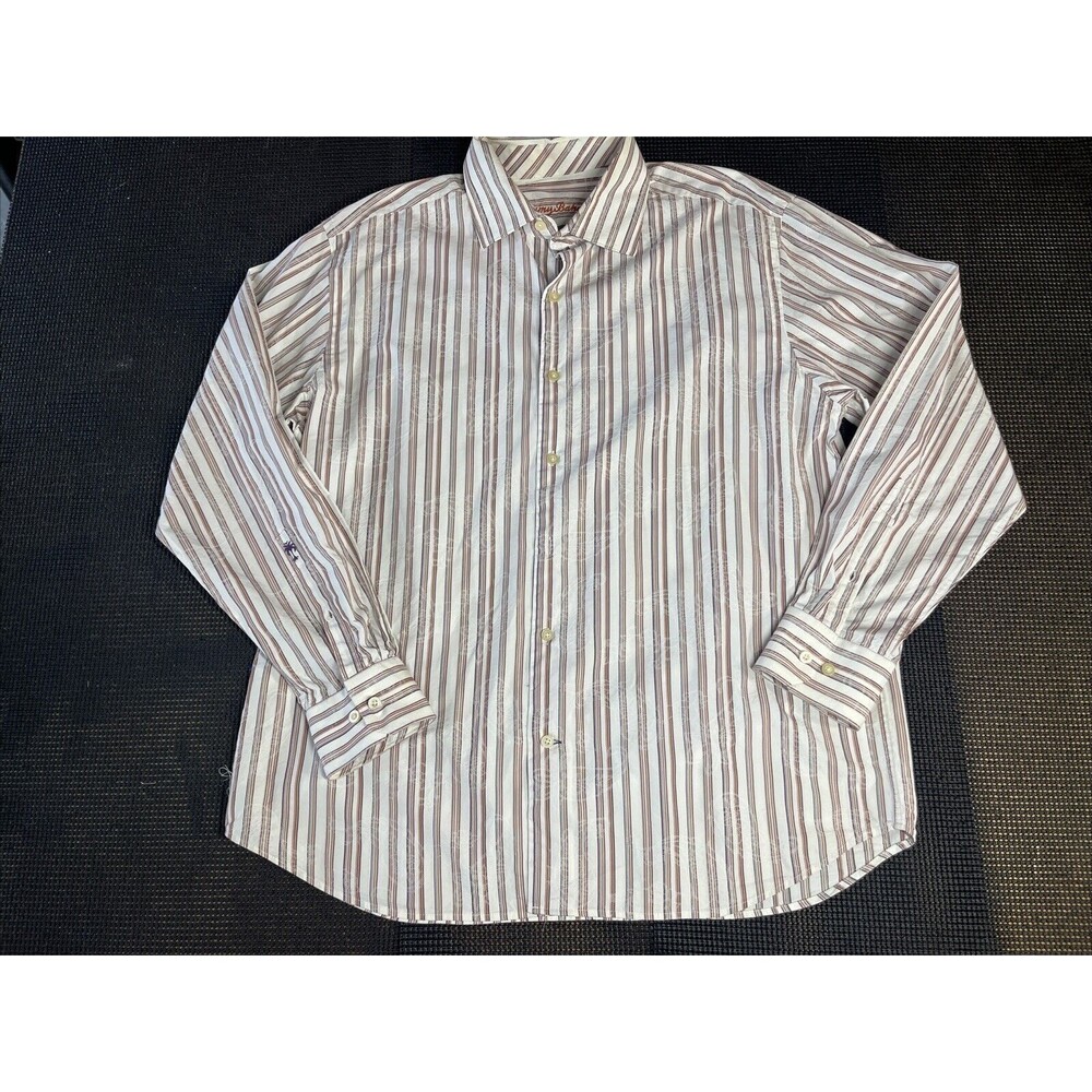 Tommy Bahama Shirt Mens L Brown Beige Striped Floral Cotton Silk‎ Button Up